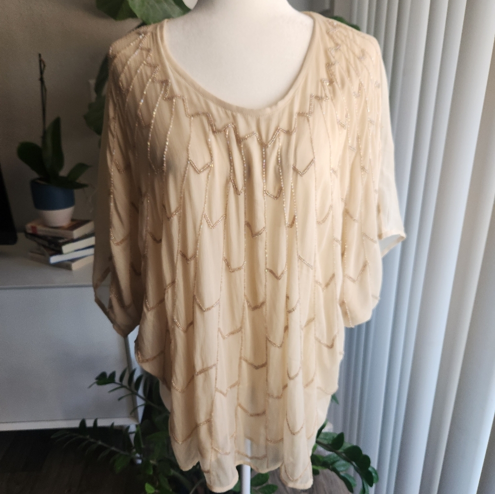 Romeo & Juliet Tan Beige Sheer Beaded Boho Cape Flowy Poncho Blouse Size S